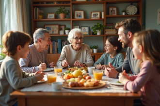 Famille multigenerational partageant un repas convivial à la maison
