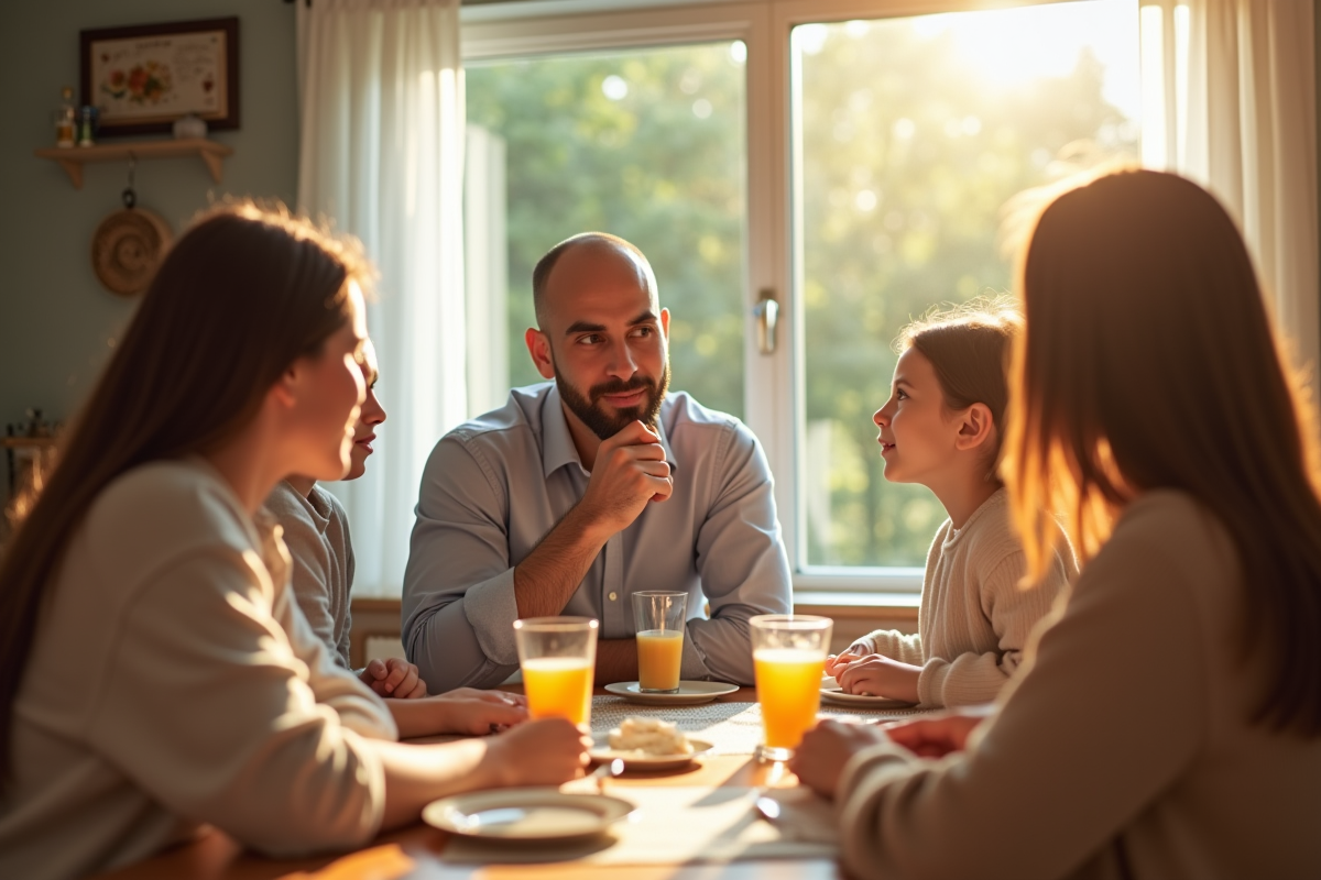 Famille autour d une table de cuisine le matin