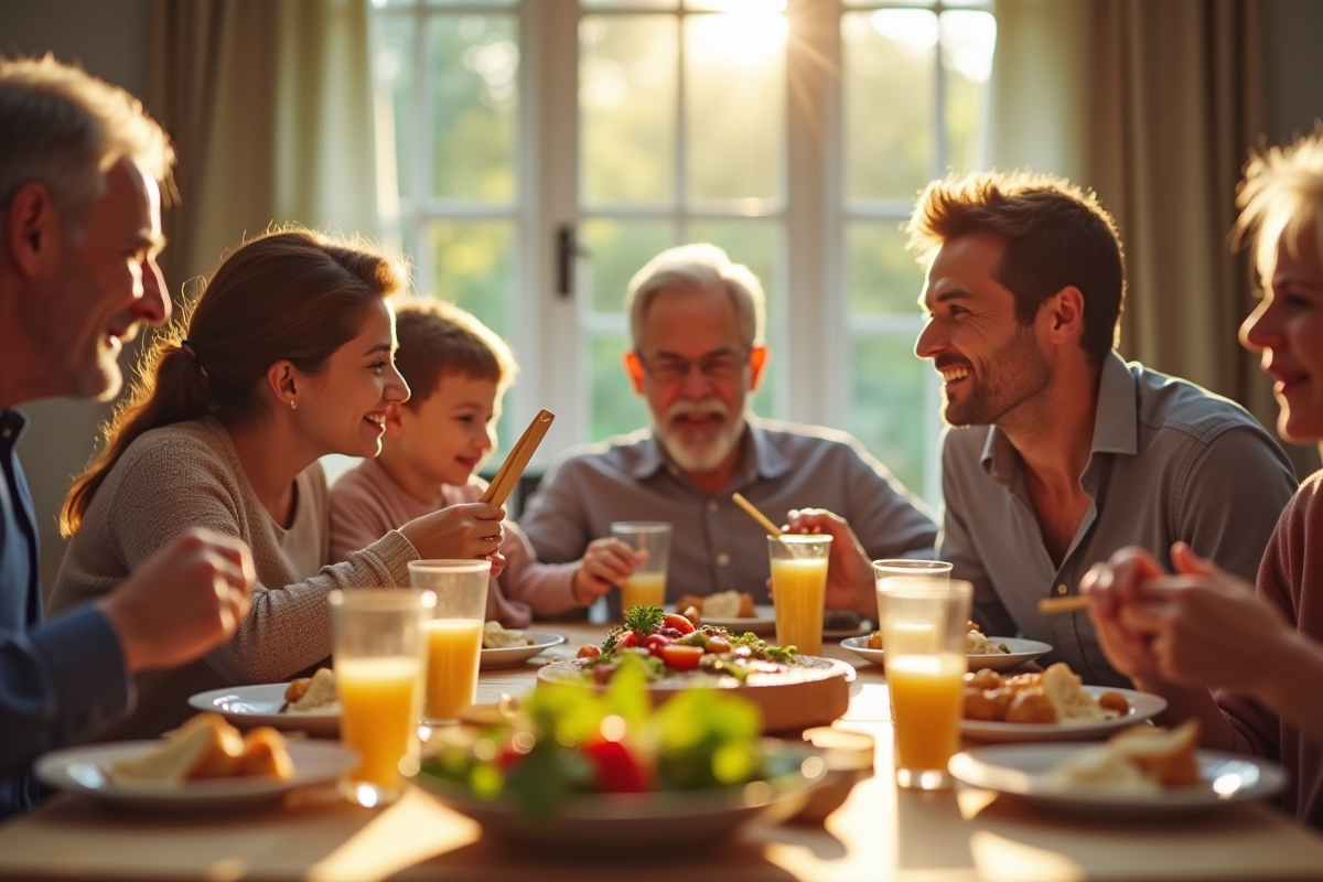 Famille multigenerational partageant un repas convivial