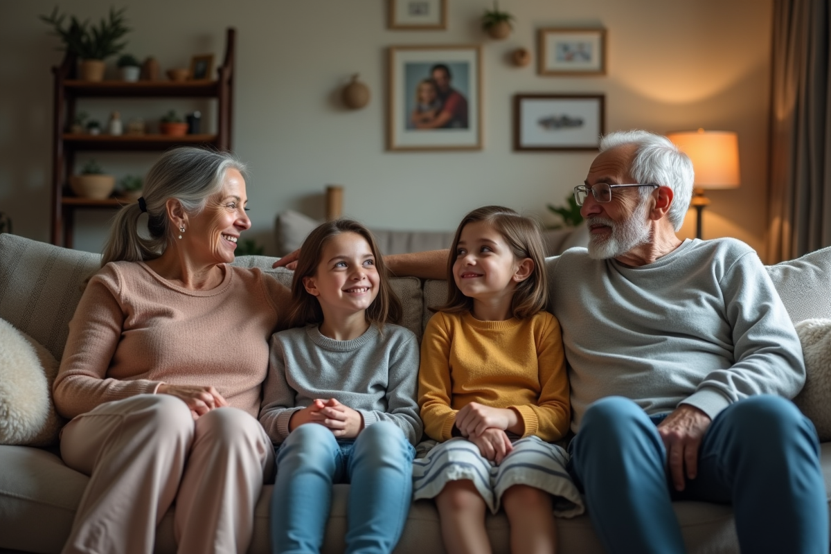 Famille multigeneration réunie sur un canapé