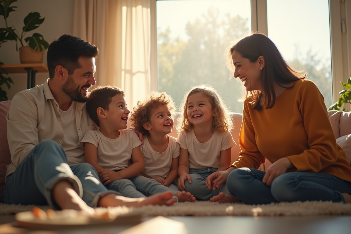 Famille diverse riant dans un salon ensoleille