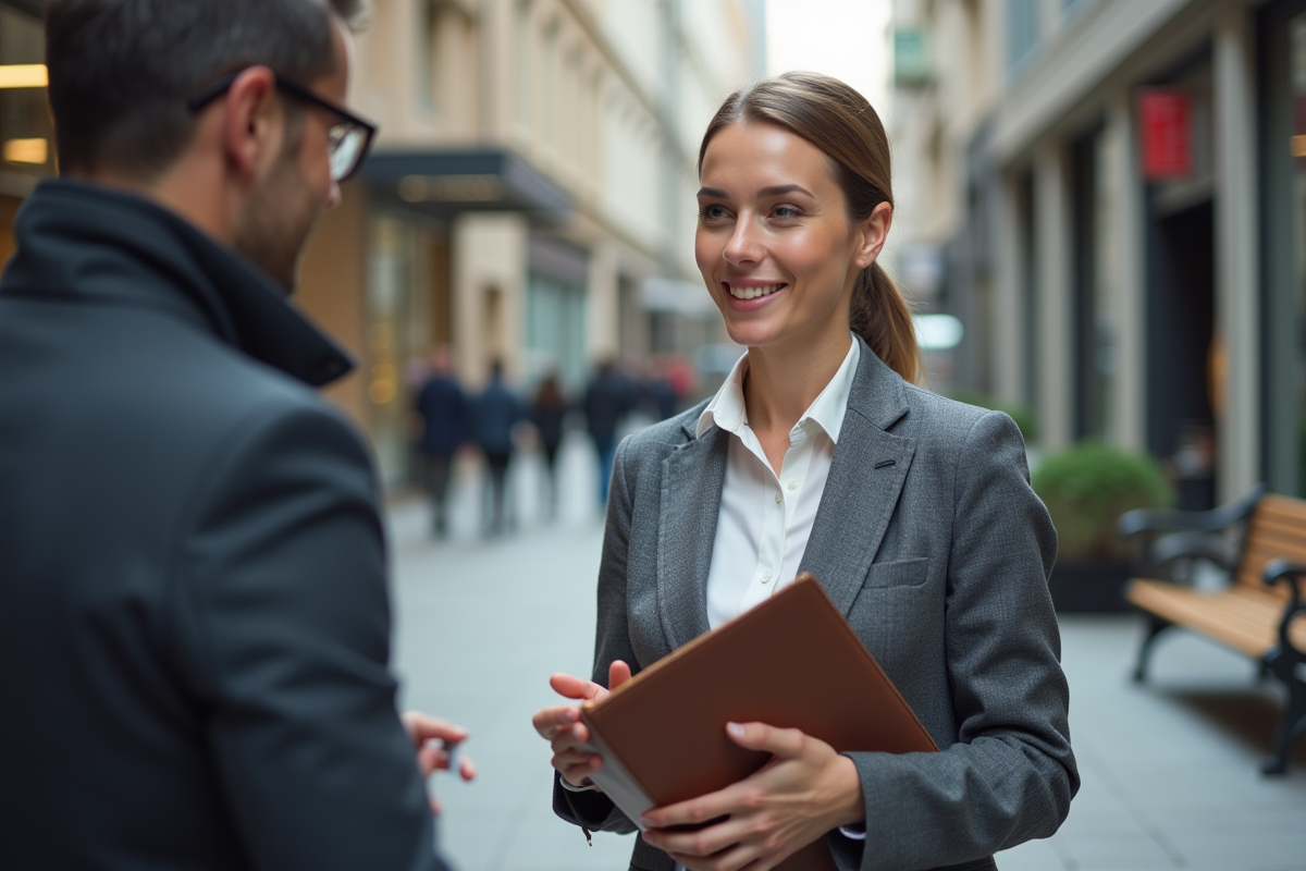 Femme souriante parlant avec collègue en extérieur