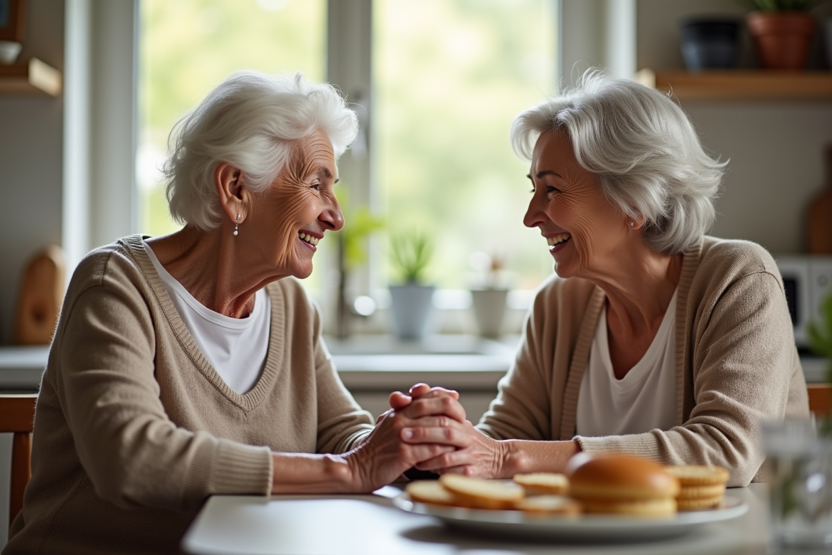 Femme âgée et fille partageant un sourire à la cuisine