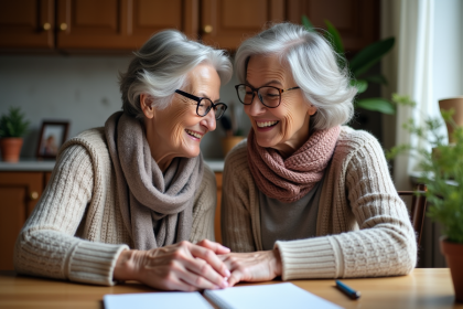 Femme &acirc;g&eacute;e souriante avec sa fille dans la cuisine chaleureuse