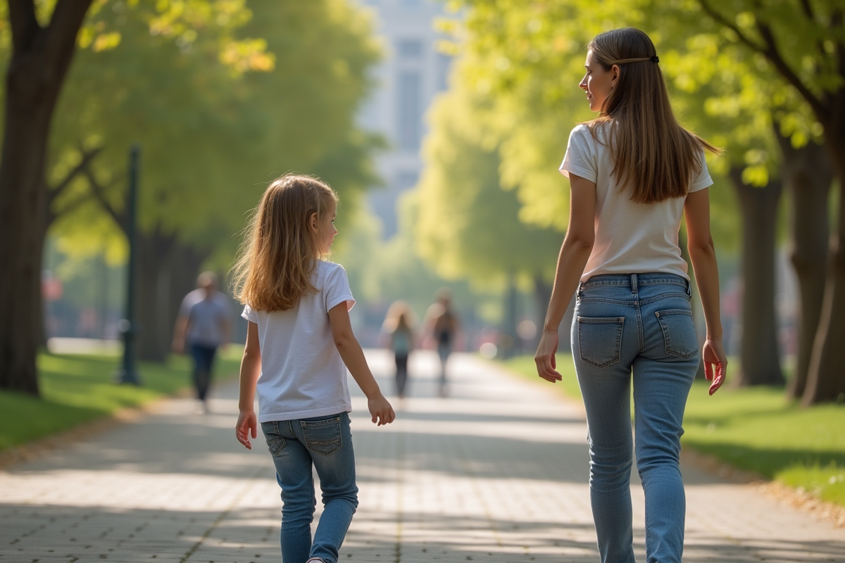 Femme et fille marchant dans un parc ensoleille