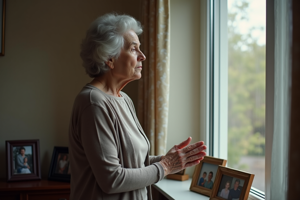 Femme âgée regardant par la fenêtre dans son salon