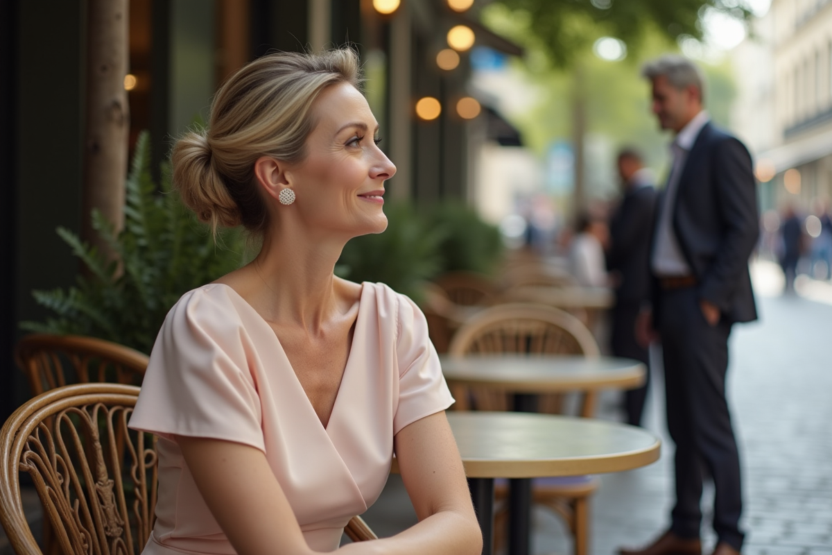 Femme élégante dans un café parisien avec Gordon Ramsay en arrière-plan