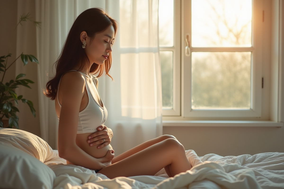 Jeune femme contemplant son ventre dans une chambre lumineuse
