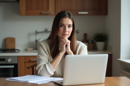 Femme réfléchie en cuisine avec documents d'adoption