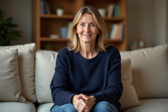 Femme d'âge moyen dans un salon cosy souriant doucement