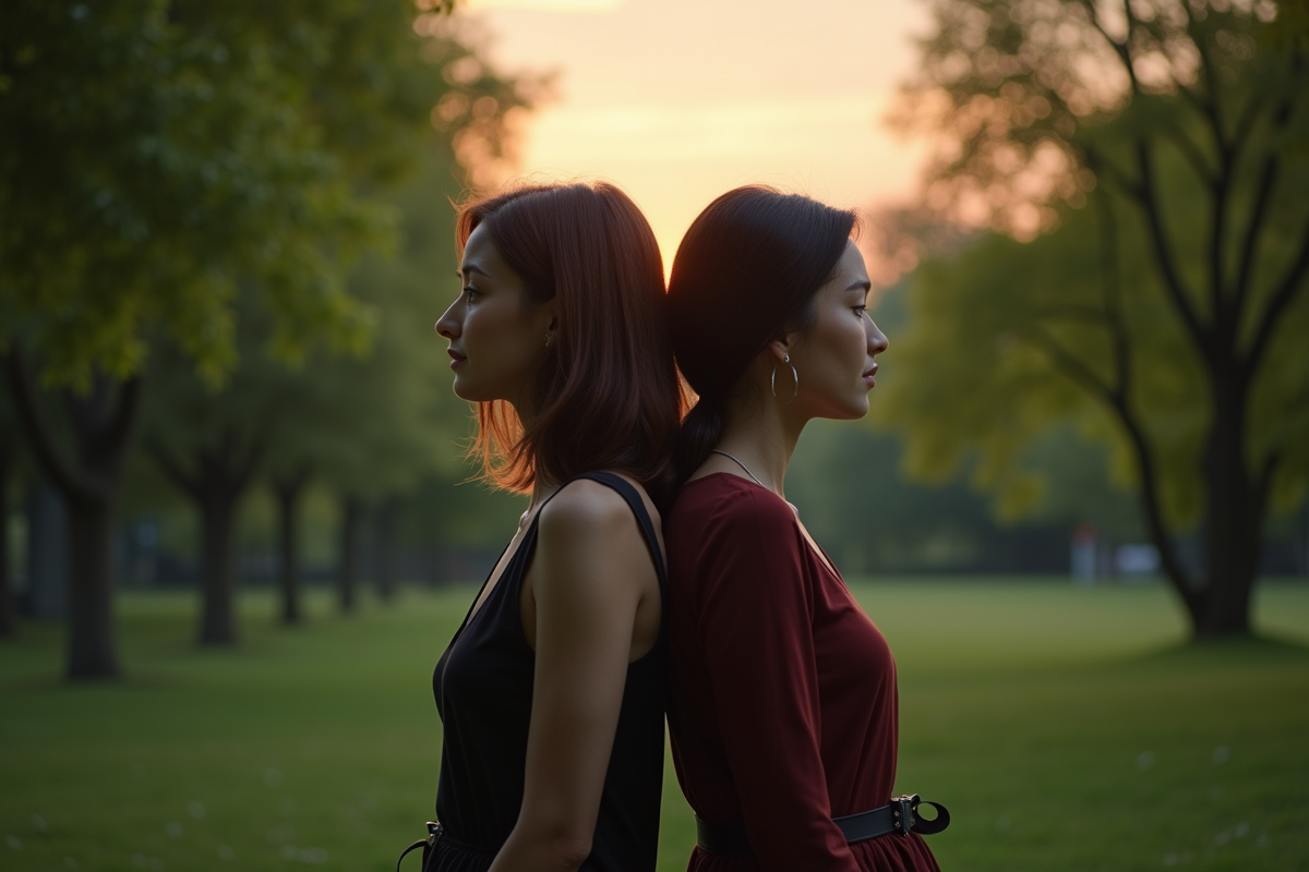 Deux femmes dos dans un parc au crépuscule regardant au loin