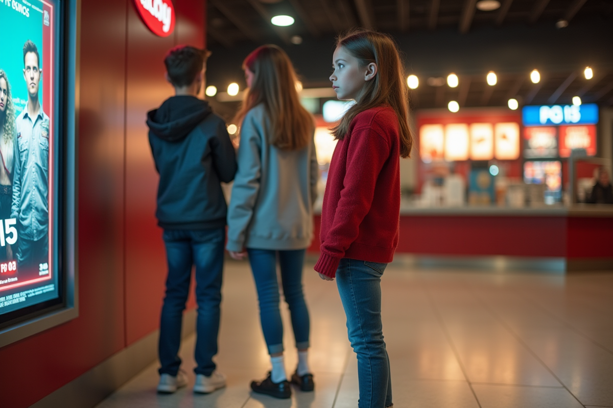 Fille de 13 ans avec sa famille dans un hall de cinéma