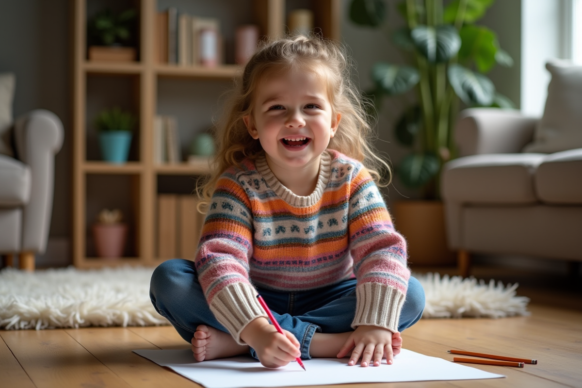 Fille dessinant avec des crayons dans un salon chaleureux