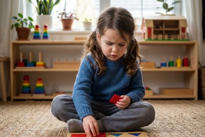 Jeune fille concentr&eacute;e jouant avec formes en bois color&eacute;es