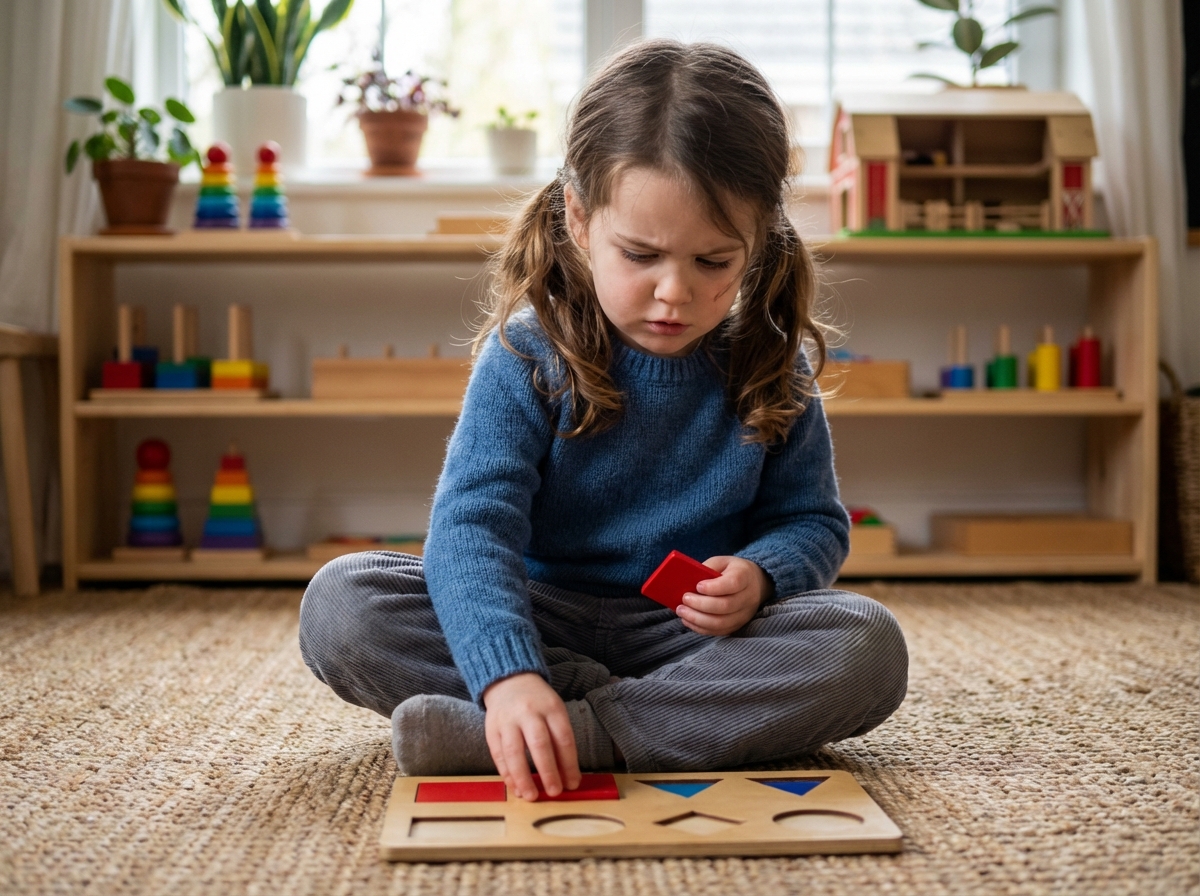 Jeune fille concentrée jouant avec formes en bois colorées