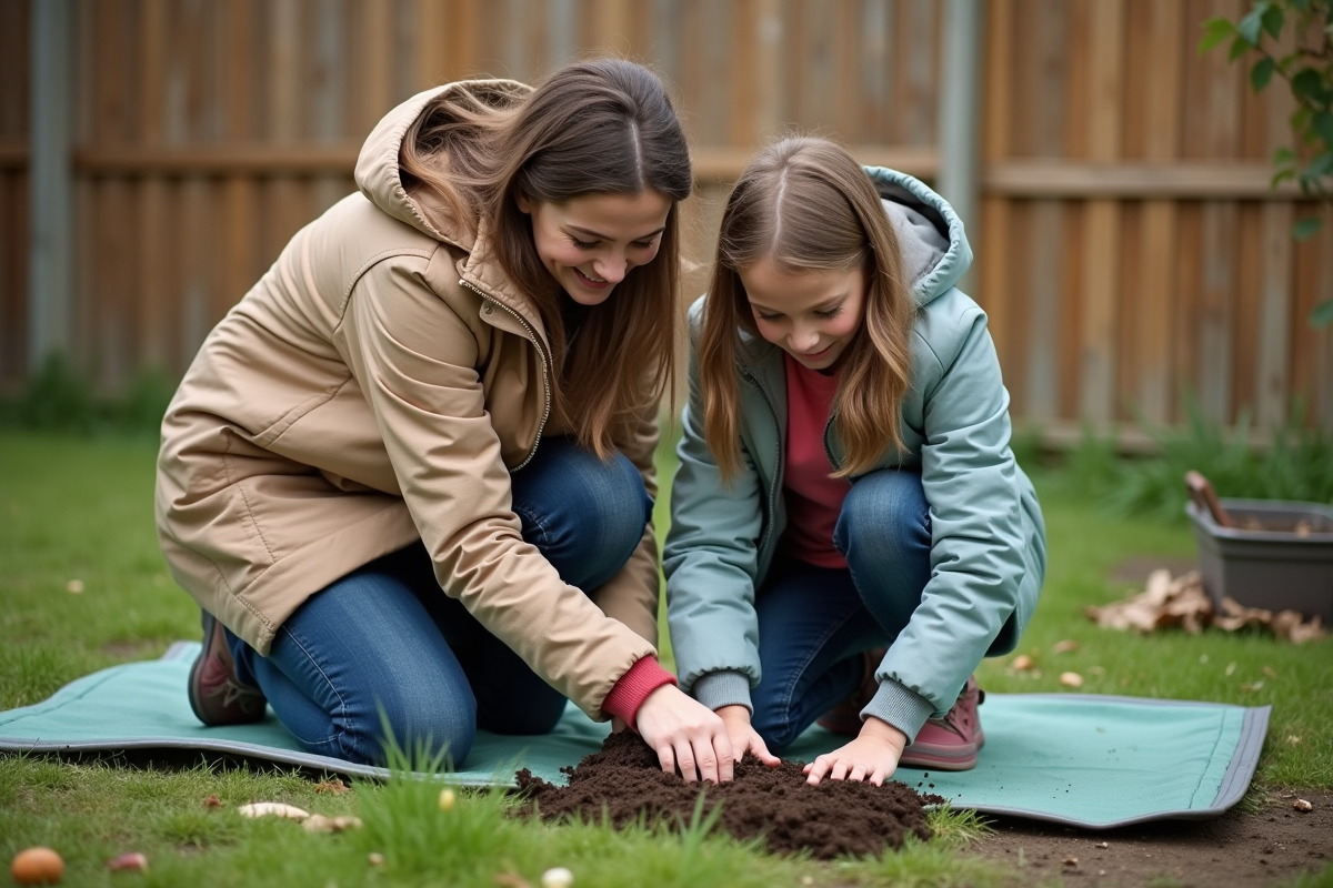 Mère et fille plantant des fleurs dans le jardin
