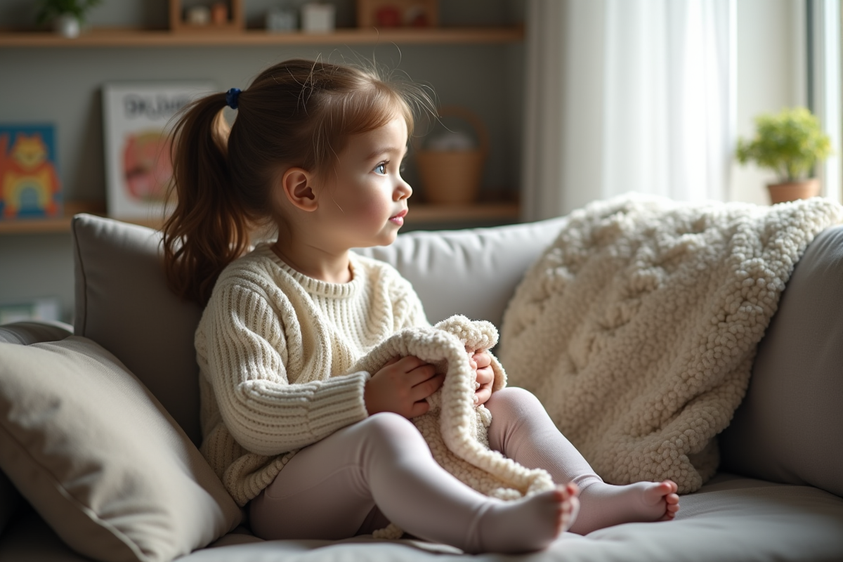 Jeune fille assise sur le canapé avec un livre et une couverture