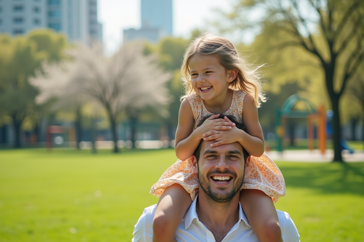 Fille sur les épaules de son père dans un parc verdoyant