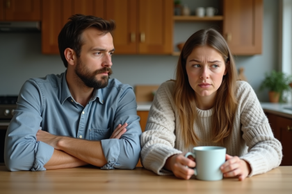 Deux frères adultes dans une cuisine moderne au look familial
