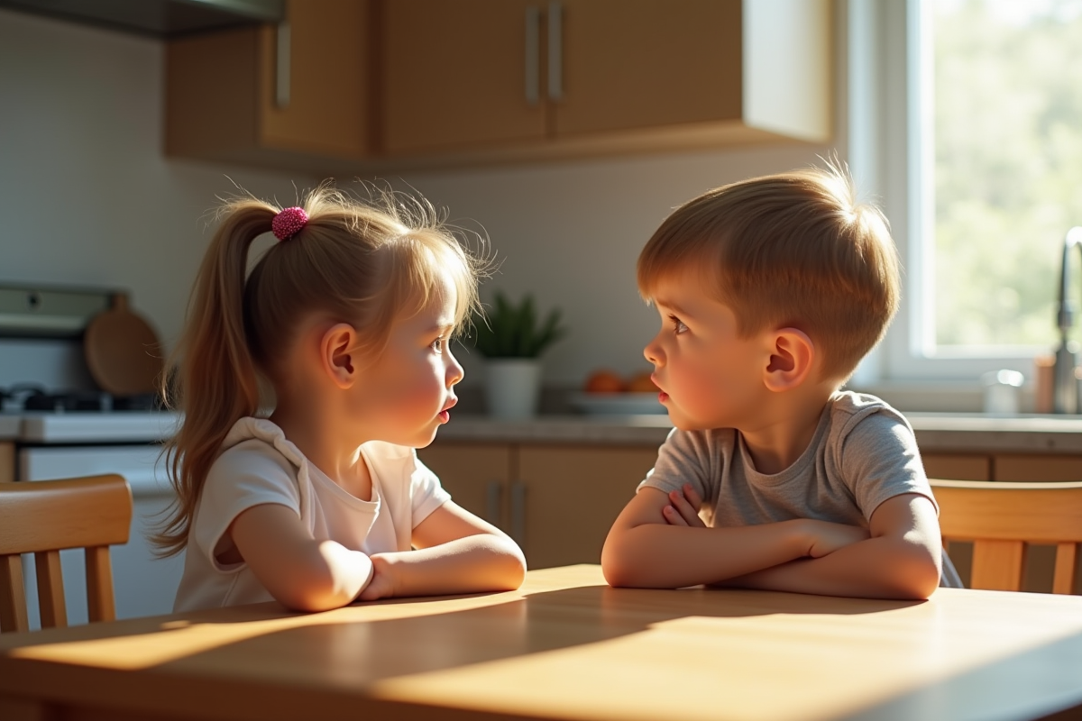 Freres et soeurs frustrés assis à la table de cuisine