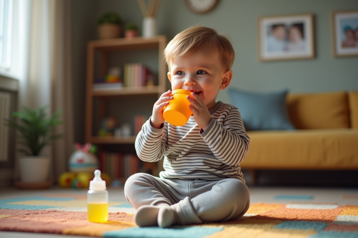 Jeune garçon de 2 ans souriant avec tasse d entraînement dans le salon