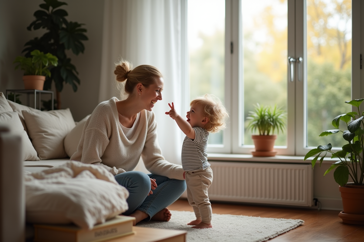 Garçon de 22 mois pointe une photo en souriant avec sa mère dans le salon