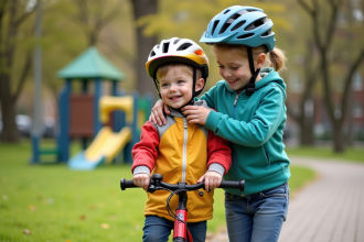 Jeune garçon souriant avec casque de vélo dans un parc