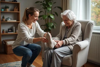 Une grand-mère et sa petite fille mettent des chaussettes chaudes