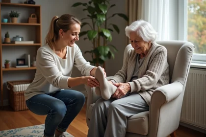 Une grand-m&egrave;re et sa petite fille mettent des chaussettes chaudes