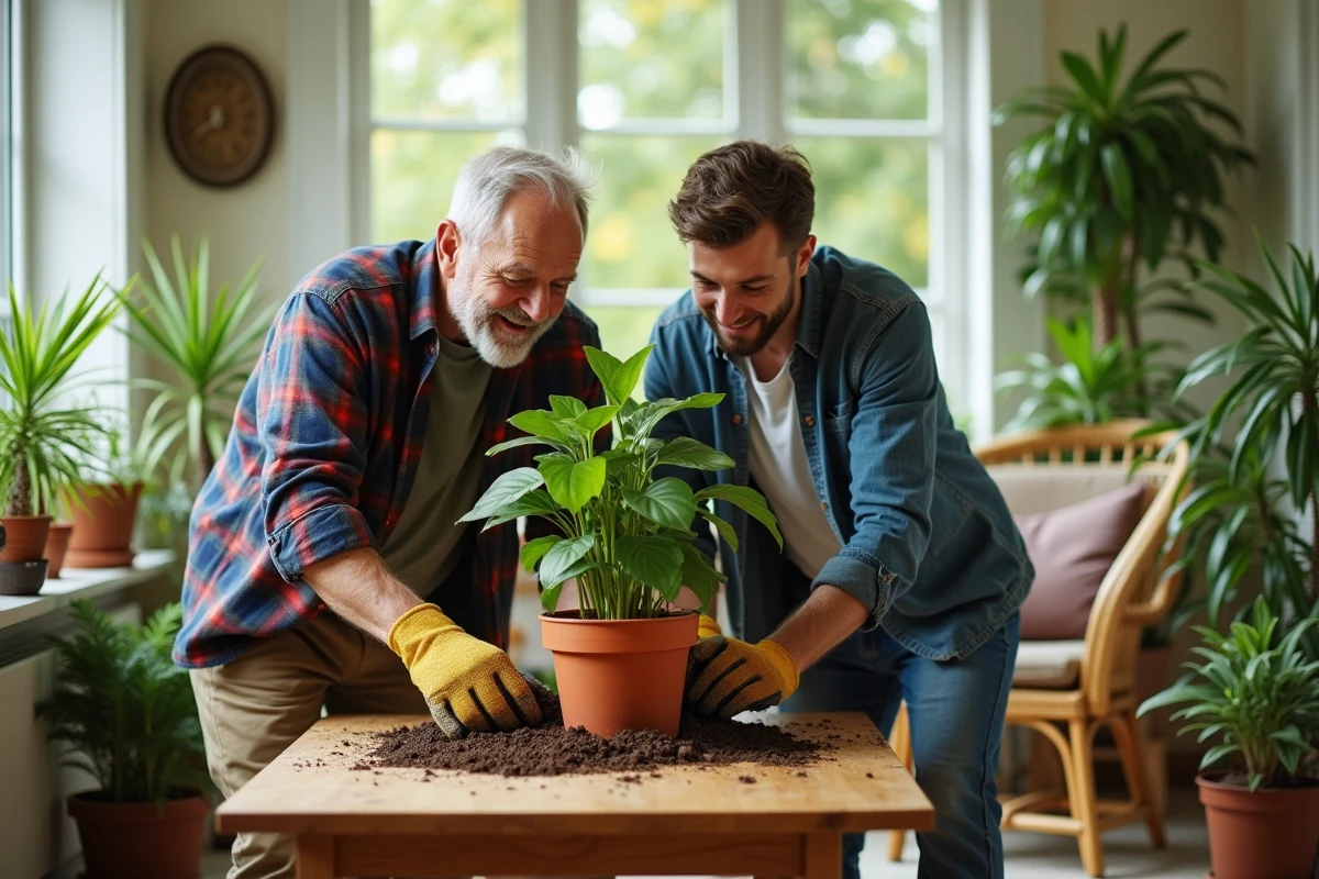 Un grand-père et son petit-fils repotent une plante verte