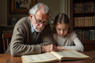 Un homme age et une jeune fille lisant un registre familial ancien