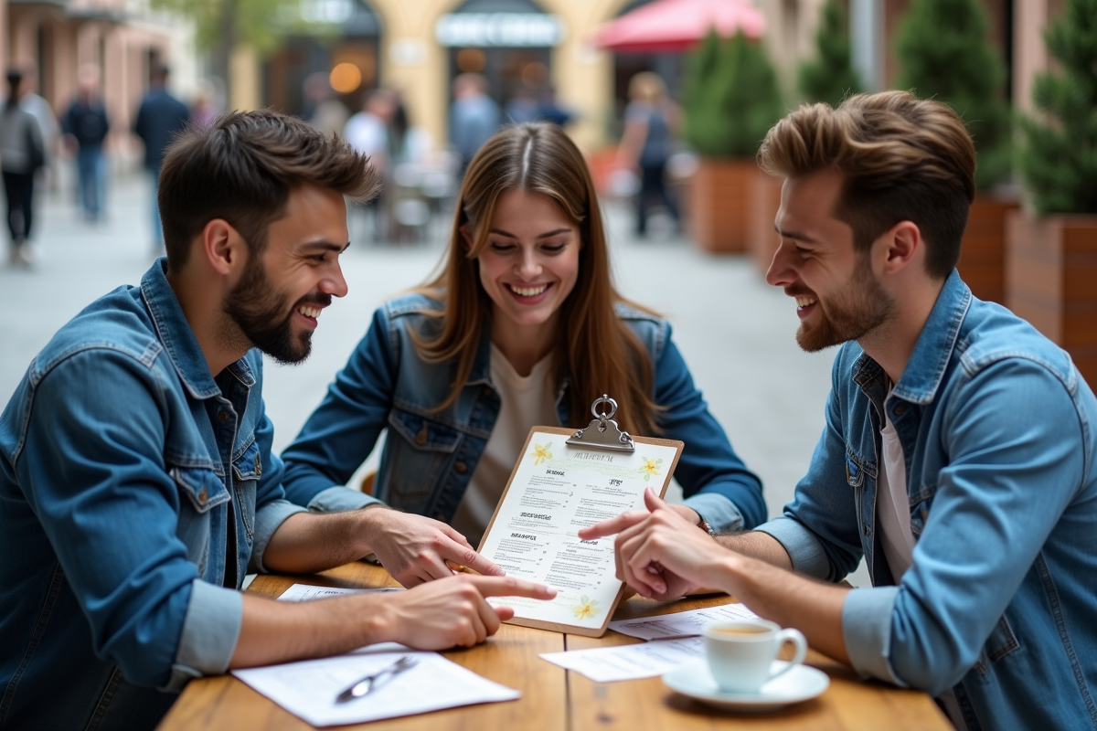 Groupe de jeunes discutant autour d un menu dans un café urbain