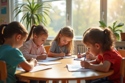 Enfants et professeur autour d'une table en classe lumineuse