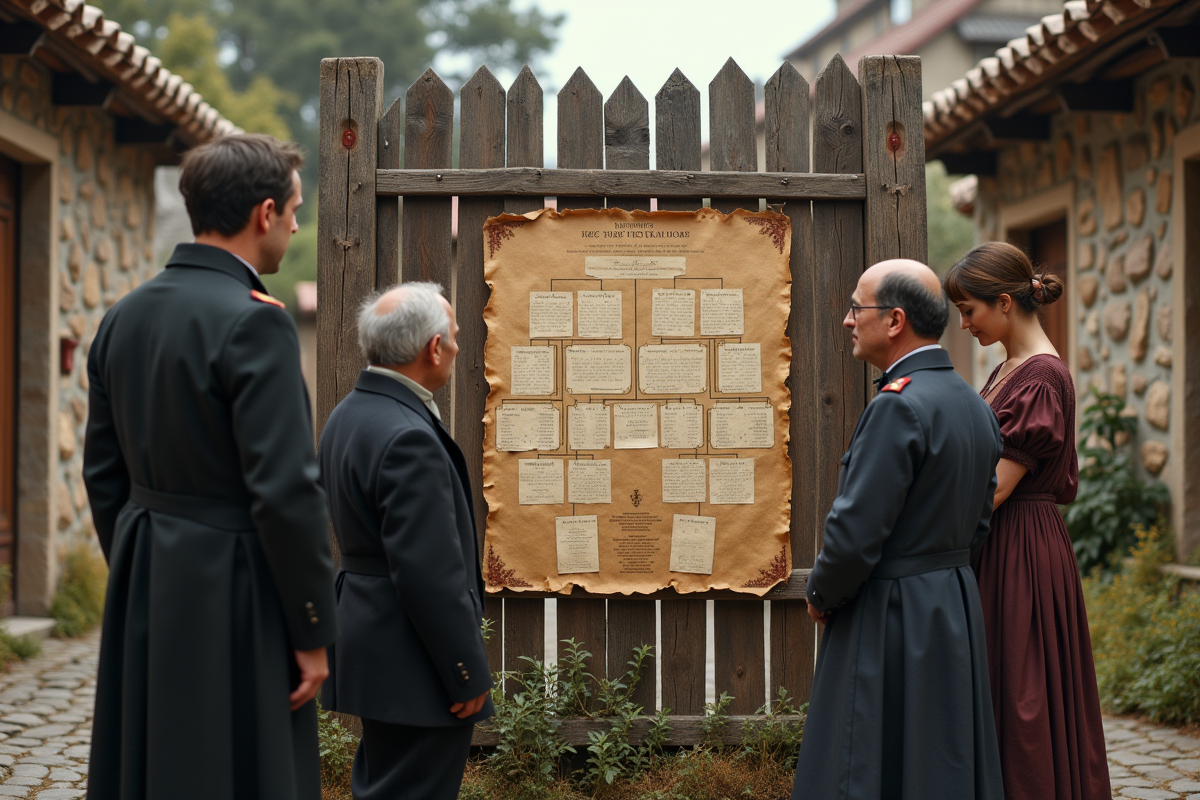 Groupe divers examine un arbre genealogique ancien en plein air