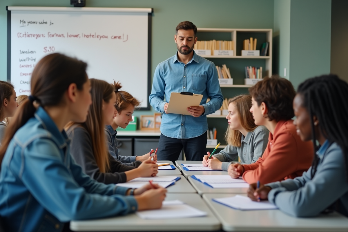 Groupe de lycéens en activité collaborative dans une salle moderne