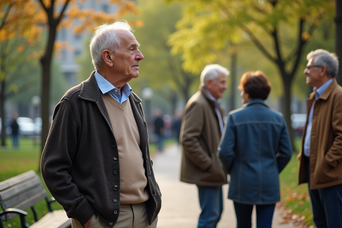 Homme âgé discutant avec des amis dans un parc urbain