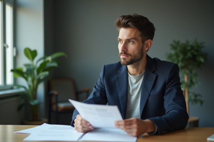 Homme en blazer regardant des documents au bureau
