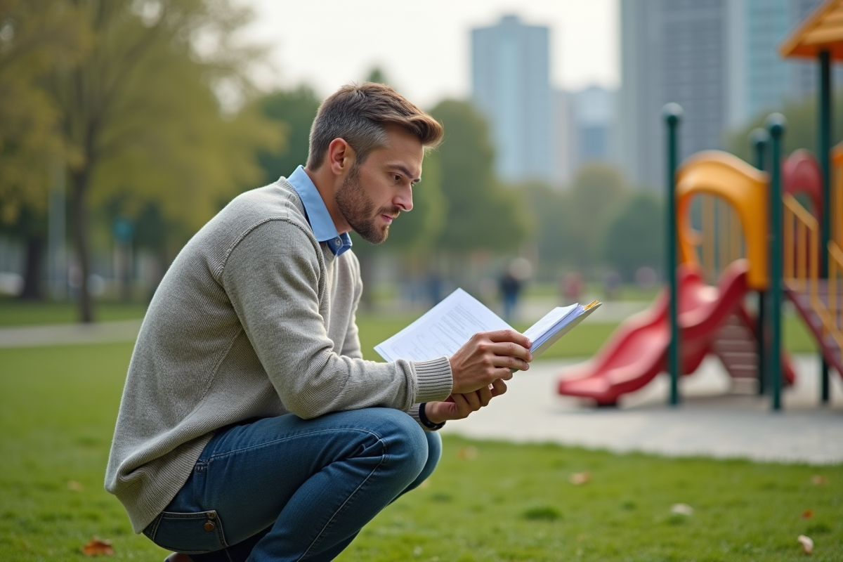 Homme regardant des documents dans un parc pour enfants