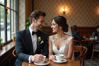 Jeune couple marié souriant dans un café cosy