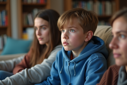 Jeune gar&ccedil;on de 13 ans avec ses parents regardant la t&eacute;l&eacute;vision