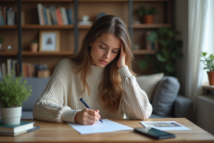Jeune femme remplissant des formulaires légaux dans son appartement
