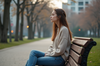 Jeune fille en jeans et pull assise sur un banc de parc urbain