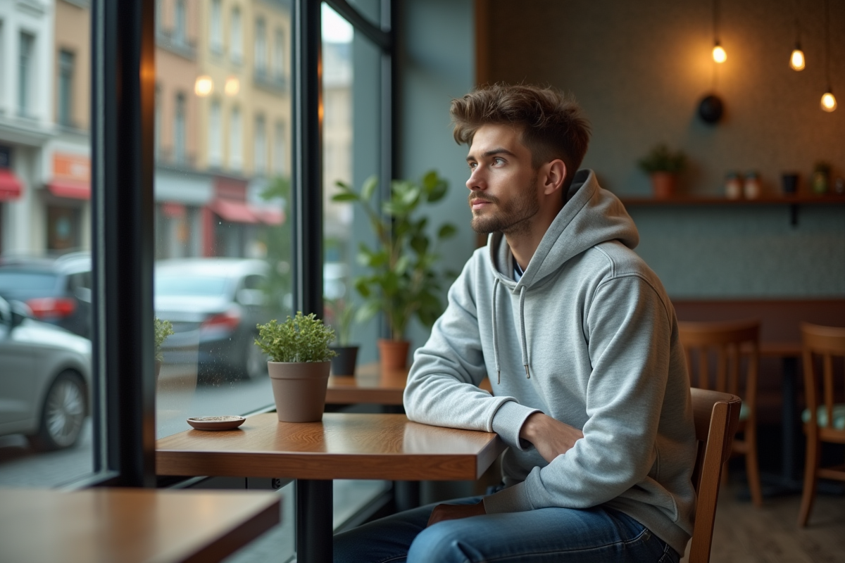 Jeune homme pensif regardant par la fenêtre dans un café