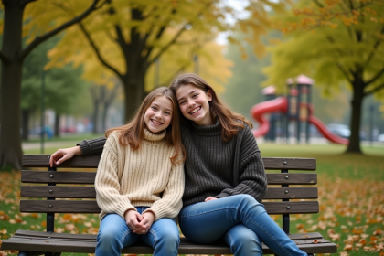 Adolescents souriants sur un banc dans un parc en automne