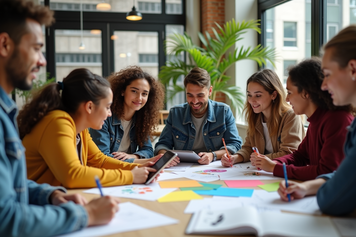 Jeunes adultes collaborant sur un projet créatif dans un centre communautaire