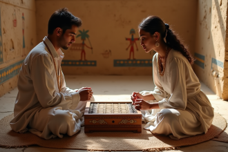 Jeune homme et femme égyptiens jouant au senet sur un tapis