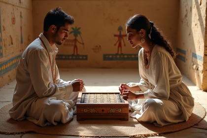 Jeune homme et femme égyptiens jouant au senet sur un tapis
