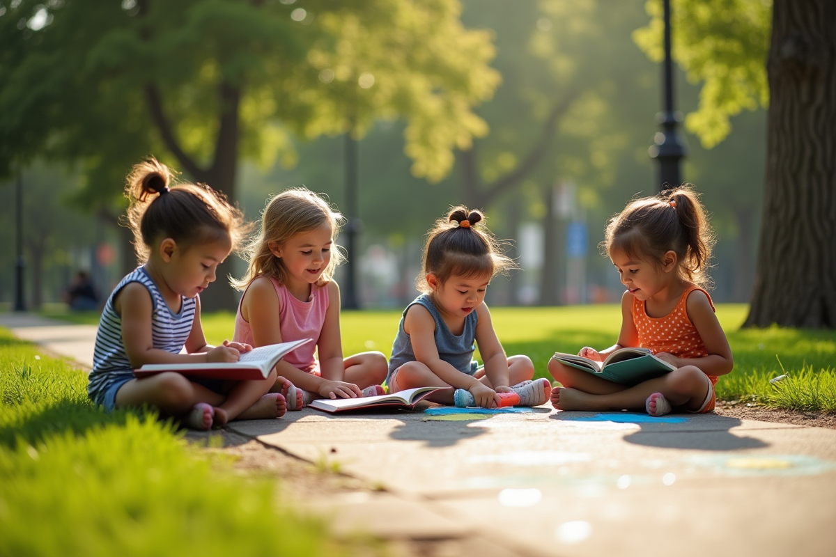 Enfants jouant dehors dans un parc urbain ensoleille