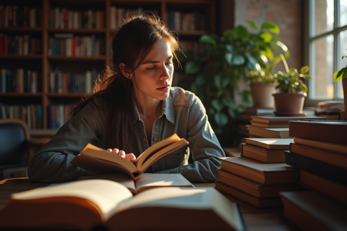 Adulte feuilletant livres de psychologie et éducation