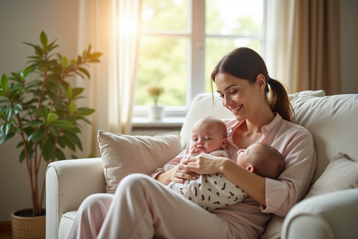 Maman assise sur un canapé avec bébé allaité et tire-lait